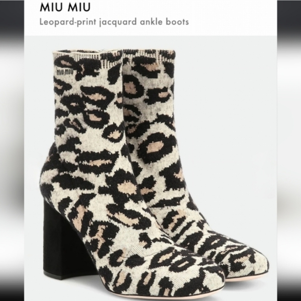 Miu Miu Leopard Print Jacquard Sock Ankle Boots Black Beige Chic Block Heel EU38
